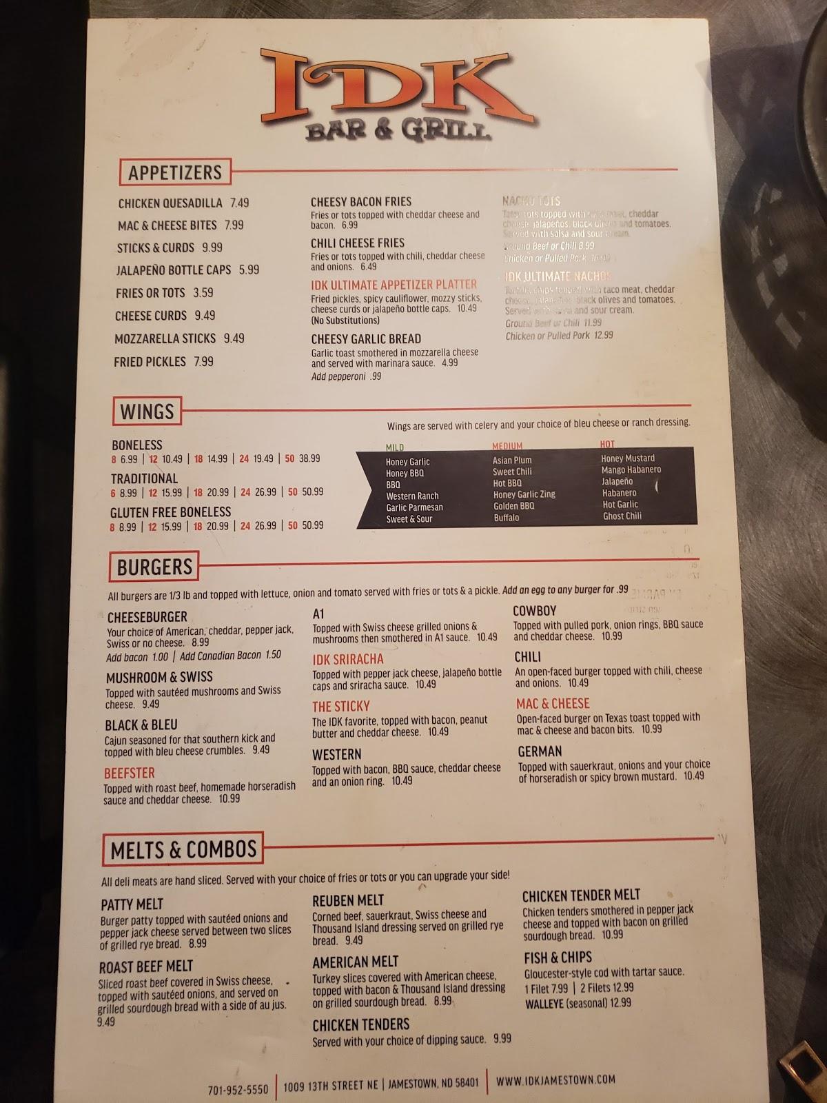 Menu at Idk Bar & Grill, Jamestown