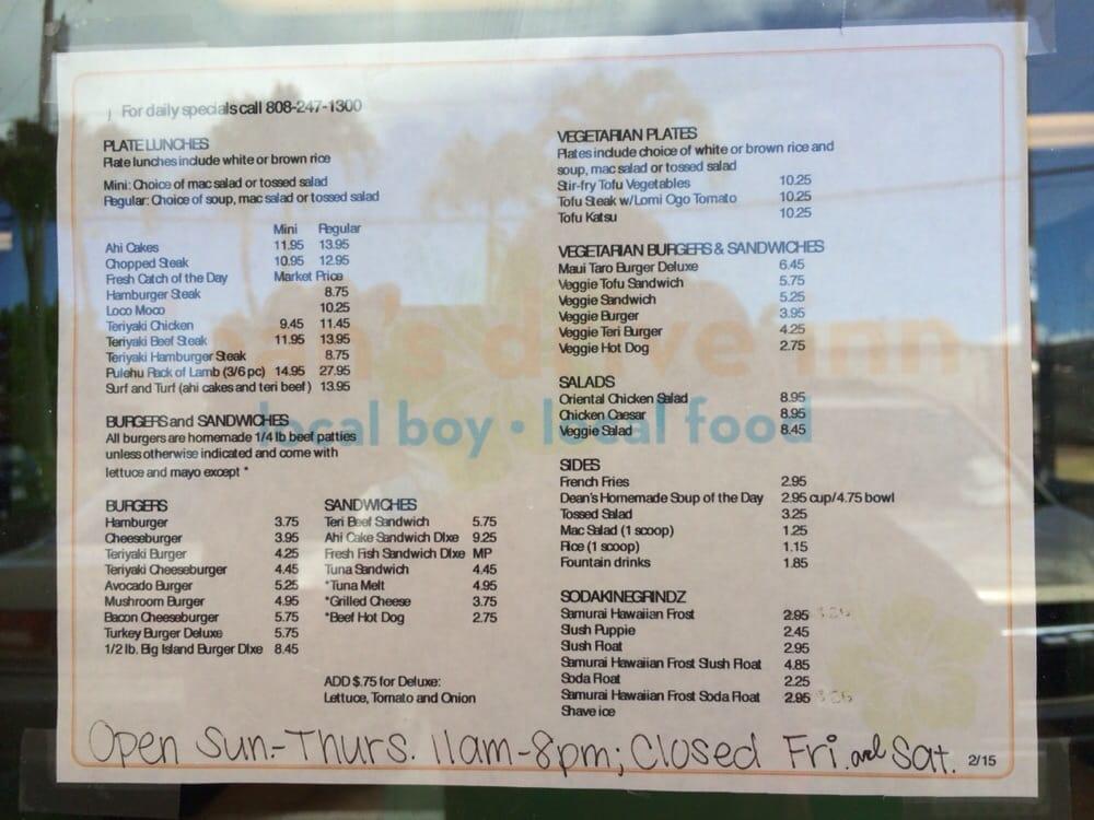 Menu at Deans Drive Inn restaurant, Kaneohe, 45270 William Henry Rd