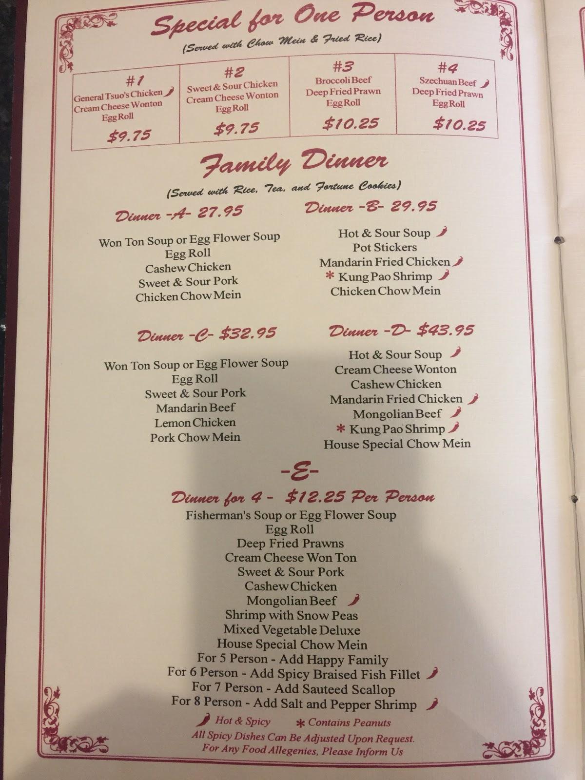Menu at Hing's Chinese Cuisine restaurant, West Sacramento