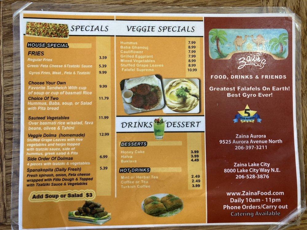 Menu at Zaina restaurant, Seattle, Lake City Way NE