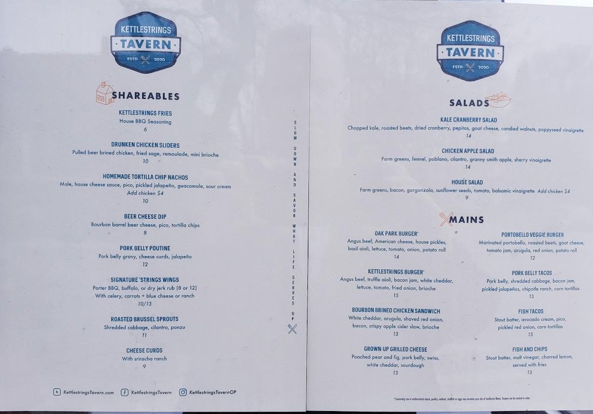 Menu at Kettlestrings Tavern pub & bar, Oak Park
