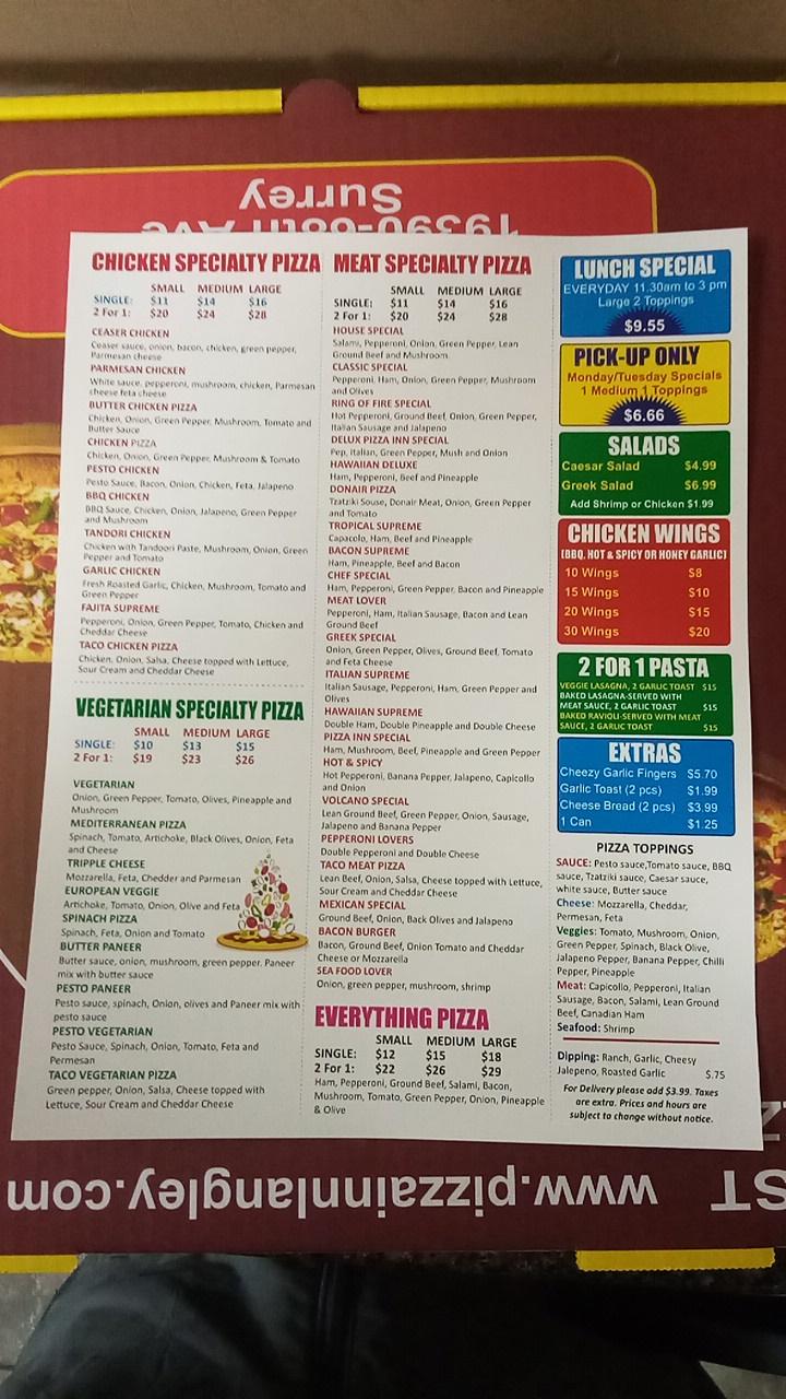 Menu at Pizza Inn pizzeria, Surrey