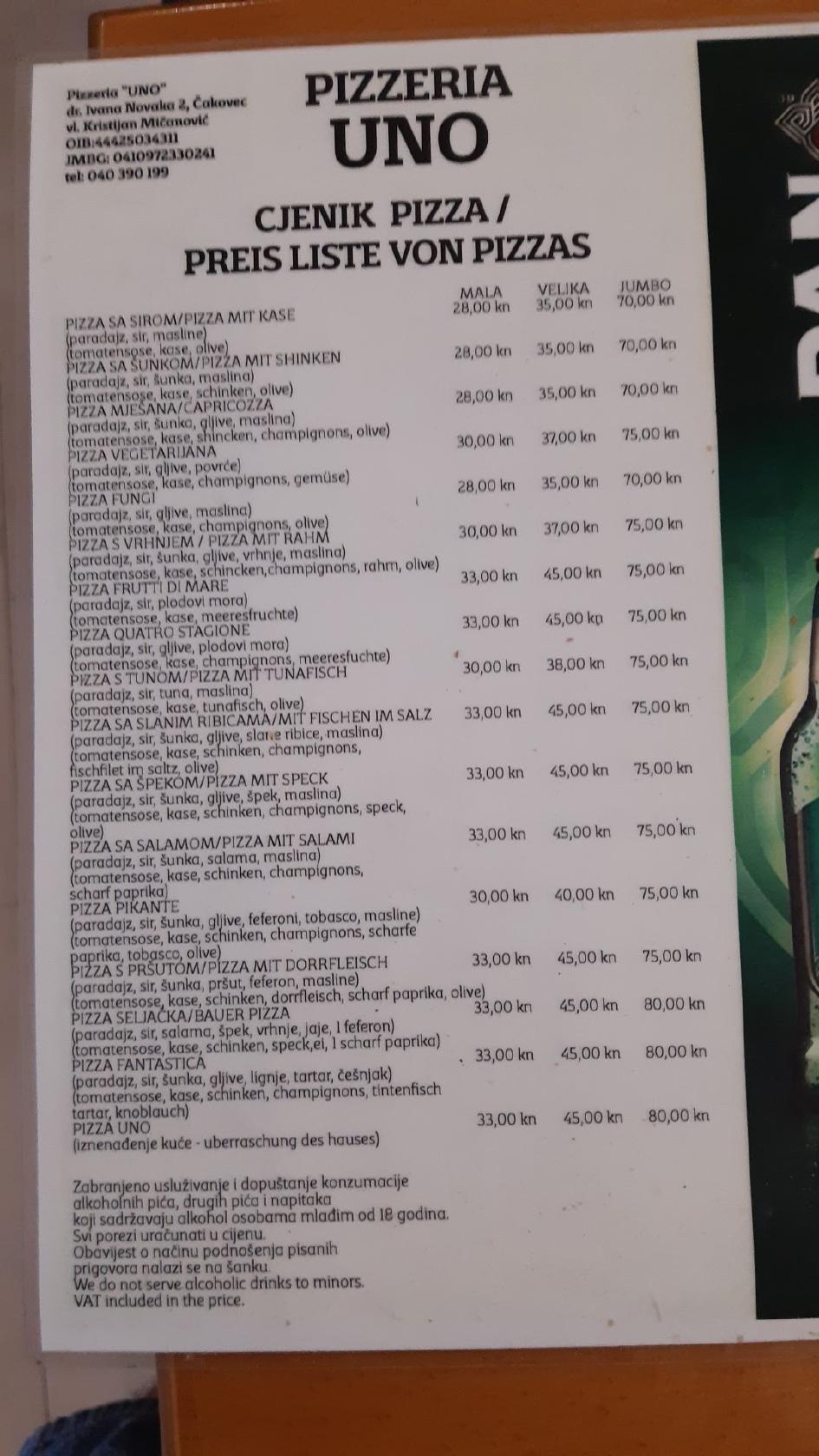Menu at Pizzeria Uno Čakovec, Čakovec, Ul. dr. Ivana Novaka 2