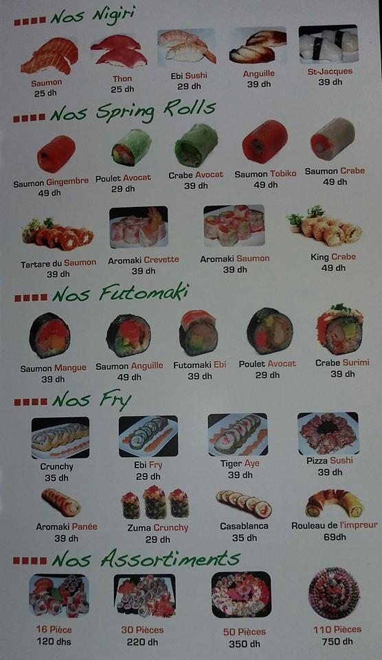 Menu at Zuma sushi restaurant, Casablanca