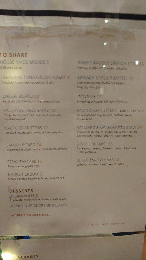 Menu at Stamp’s Lane Seafood Bar, Toronto