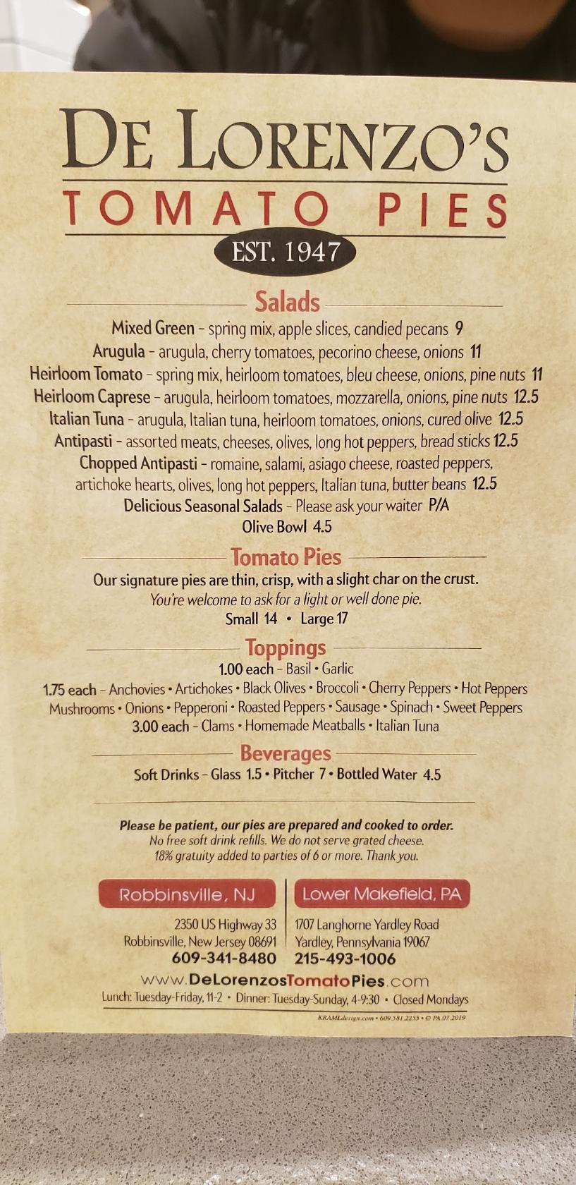 Menu at DeLorenzo's Tomato Pies pizzeria, Yardley, Yardley Langhorne Rd