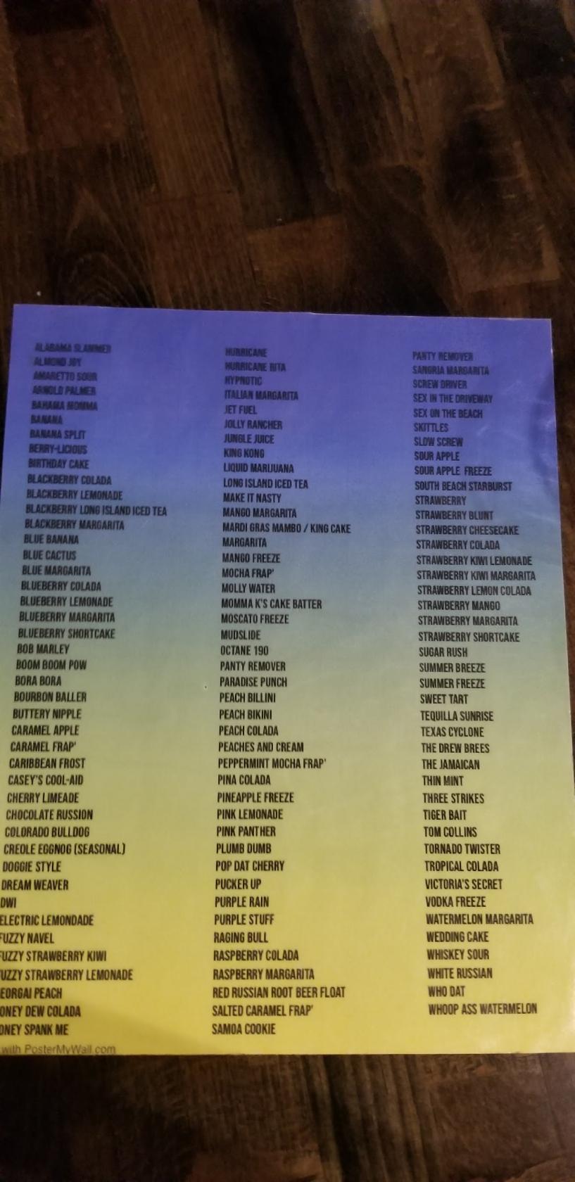 Menu at East Side Daiquiris in Pineville pub & bar, Pineville