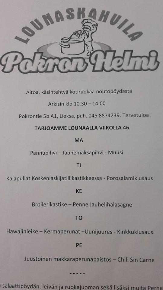 Menu at Pokron Helmi restaurant, Finland