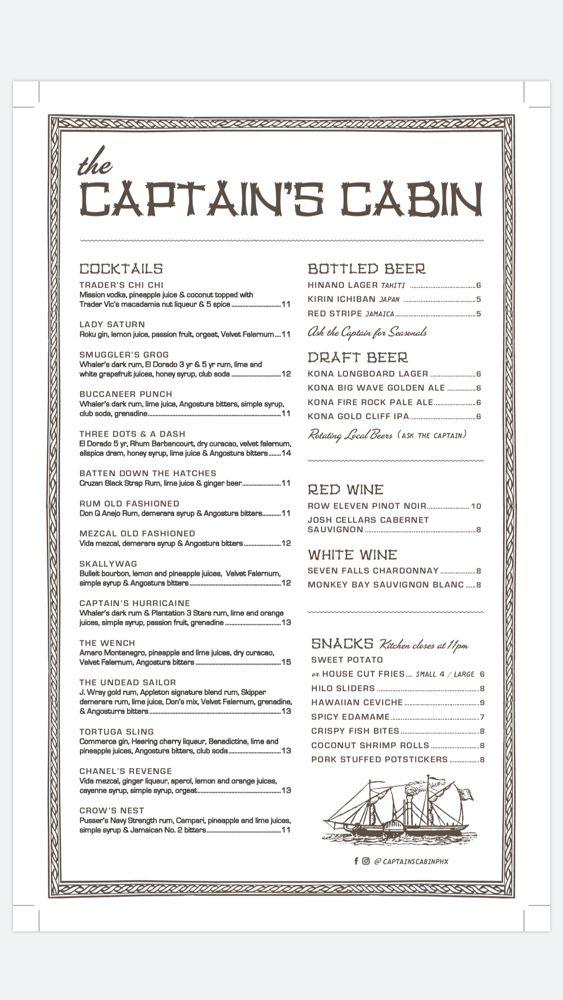 Menu at The Captain's Cabin pub & bar, Phoenix, N 7th St 2