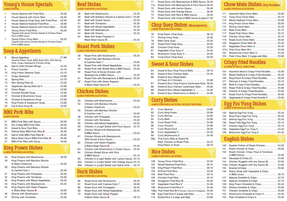Menu at Youngs Chinese fast food, Great Yarmouth