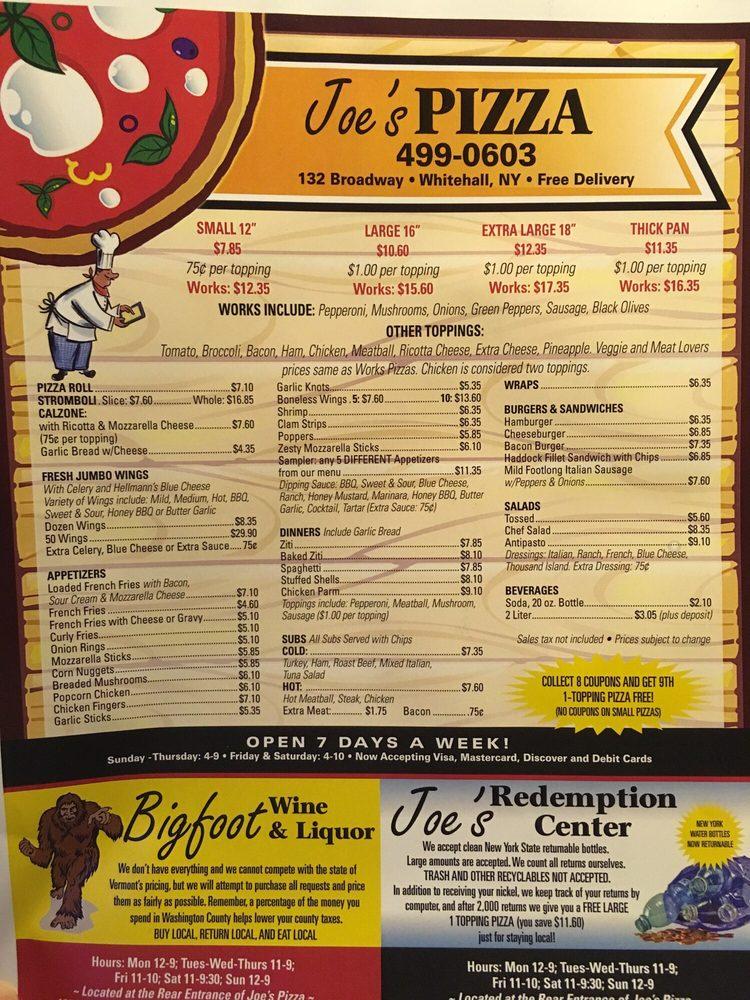 Menu at Joe's Pizza pizzeria, Whitehall, 132 Broadway