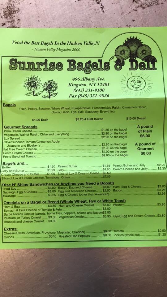 Carta del restaurante Sunrise Bagel & Deli, Kingston