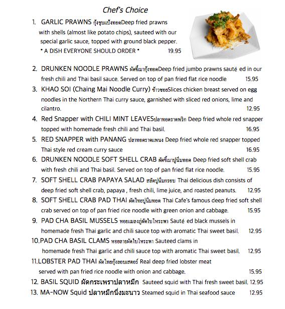 Menu at Thai Cafe, Temple