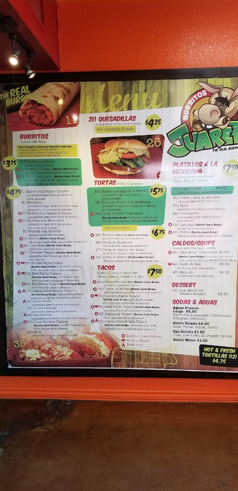 Menu at Burritos Juarez restaurant, El Paso, Dyer St