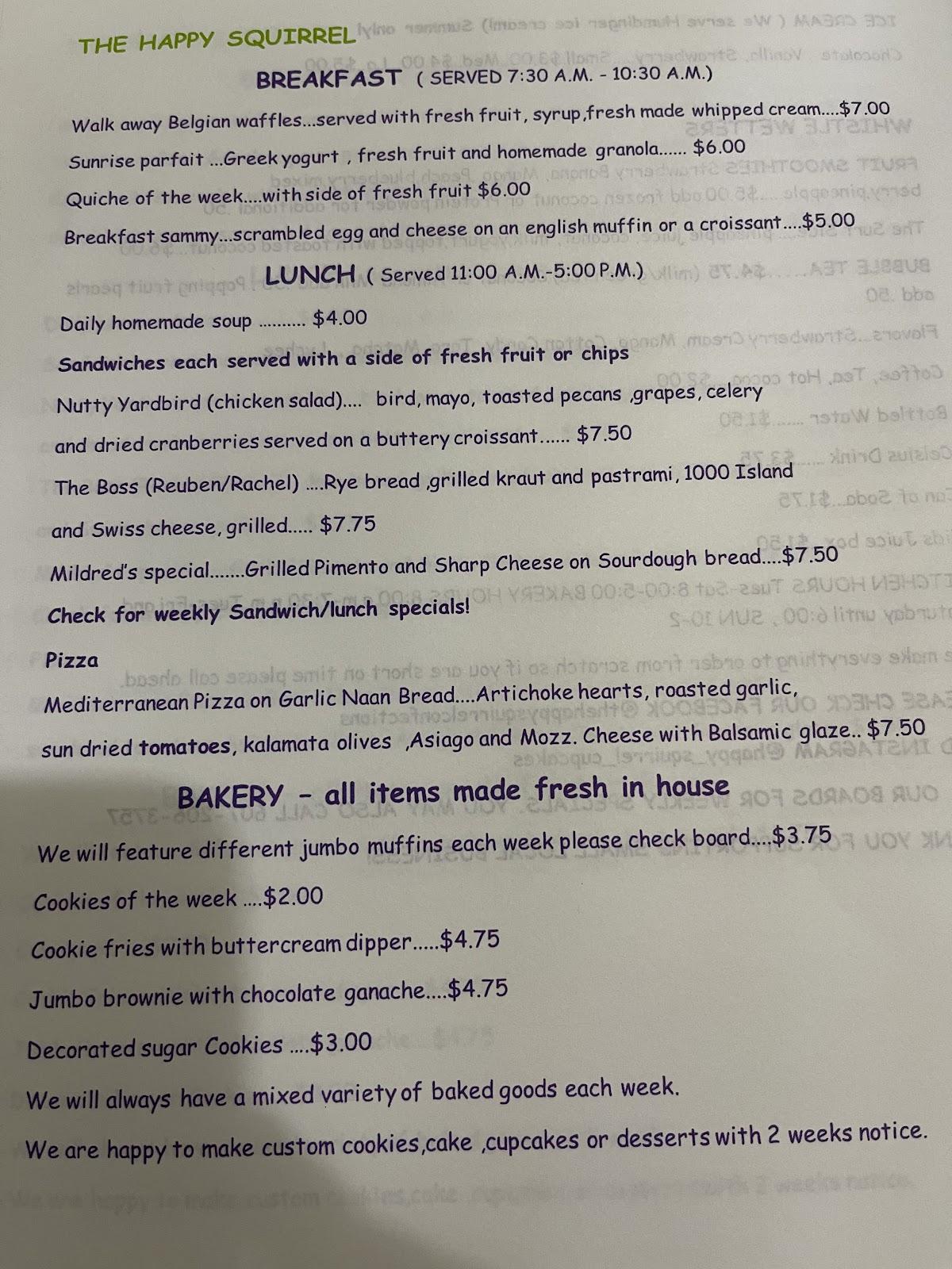 Menu at The Happy Squirrel, Vestal