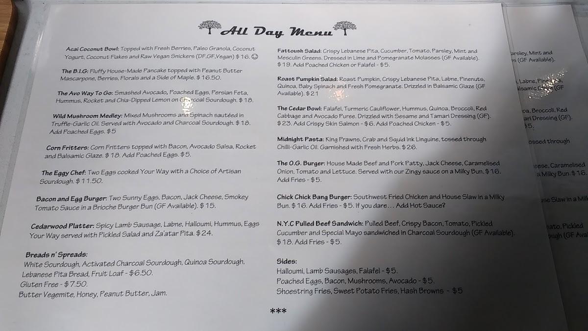 Menu at Cedarwood Cafe, Wahroonga