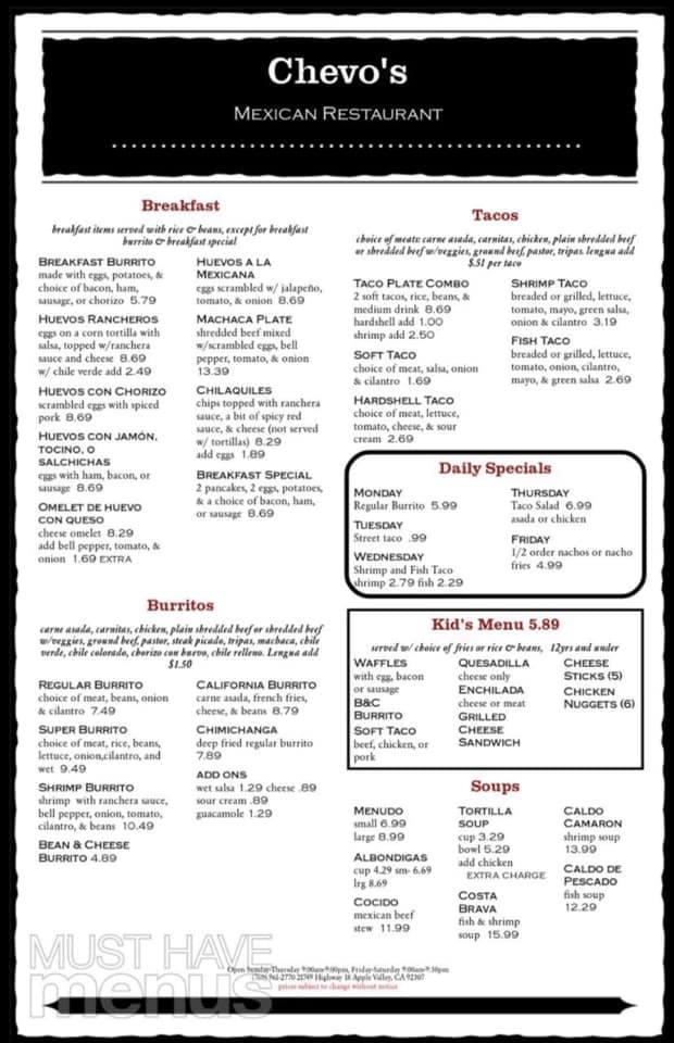 Menu at Chevo's Mexican Restaurant Inc, Apple Valley