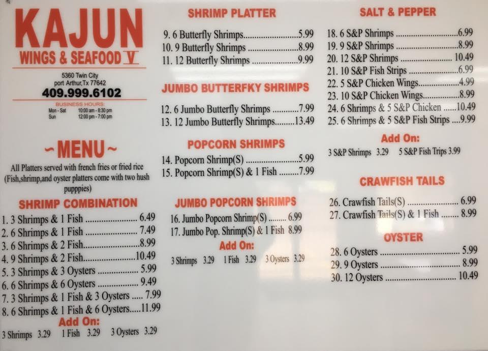 Menu At Kajun Seafood & Wings Restaurant, Port Arthur, Twin City Hwy