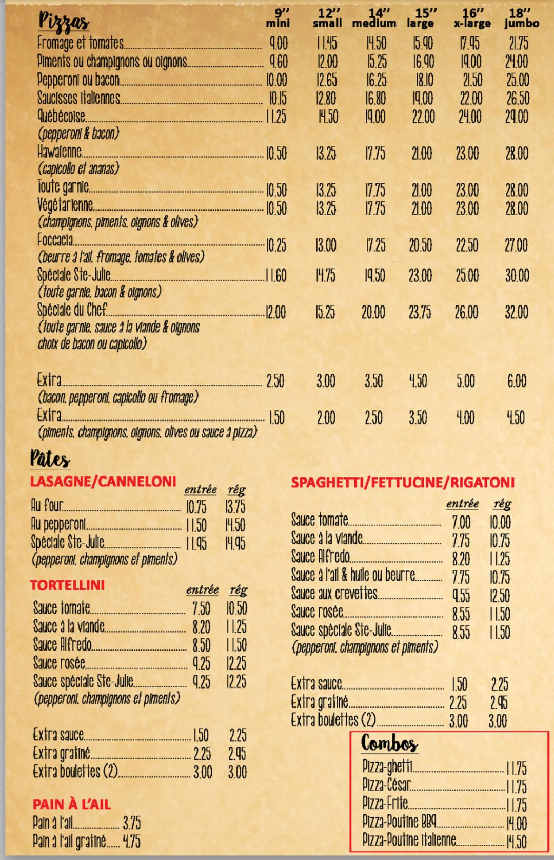 Menu au Restaurant SteJulie Pizzeria, SainteJulie