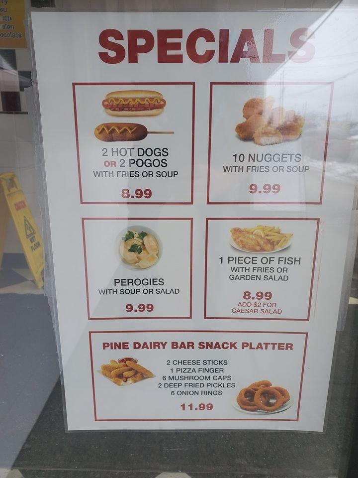 Menu at Pine Dairy Bar, Timmins