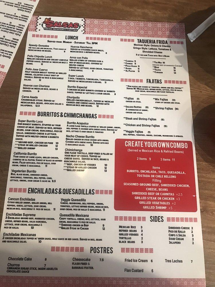 Menu at Salsas Cocina Durbin Pavilion Dr restaurant, Saint Johns