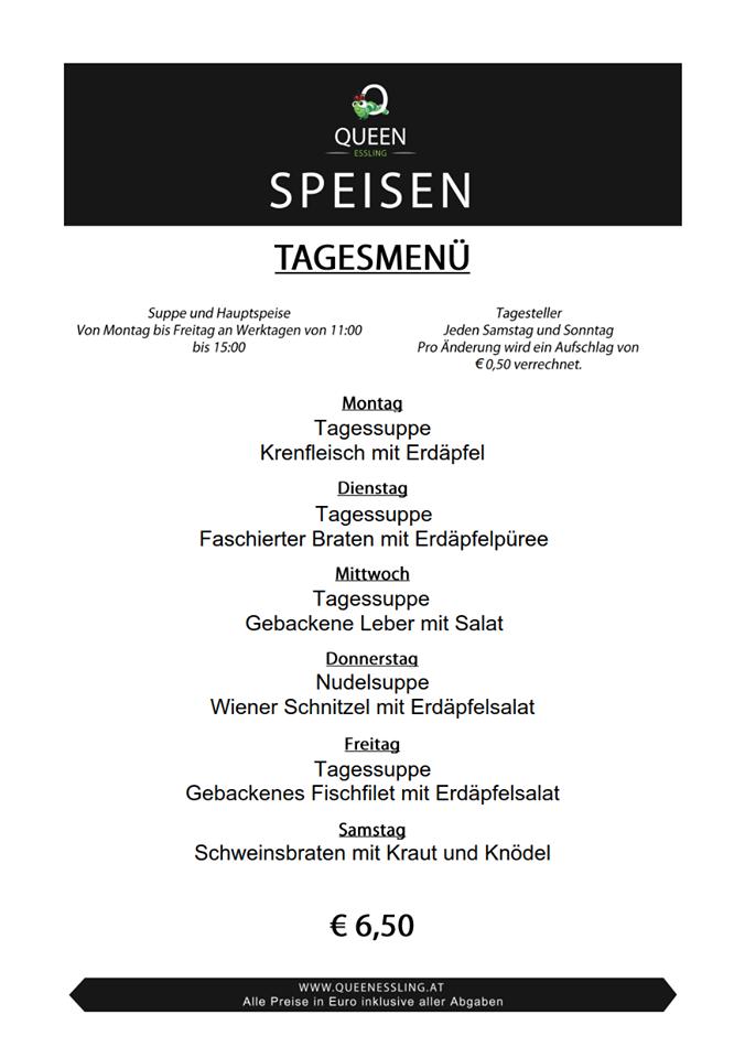 Speisekarte von Queen Essling cafe, Wien, Eßlinger Hauptstraße 63
