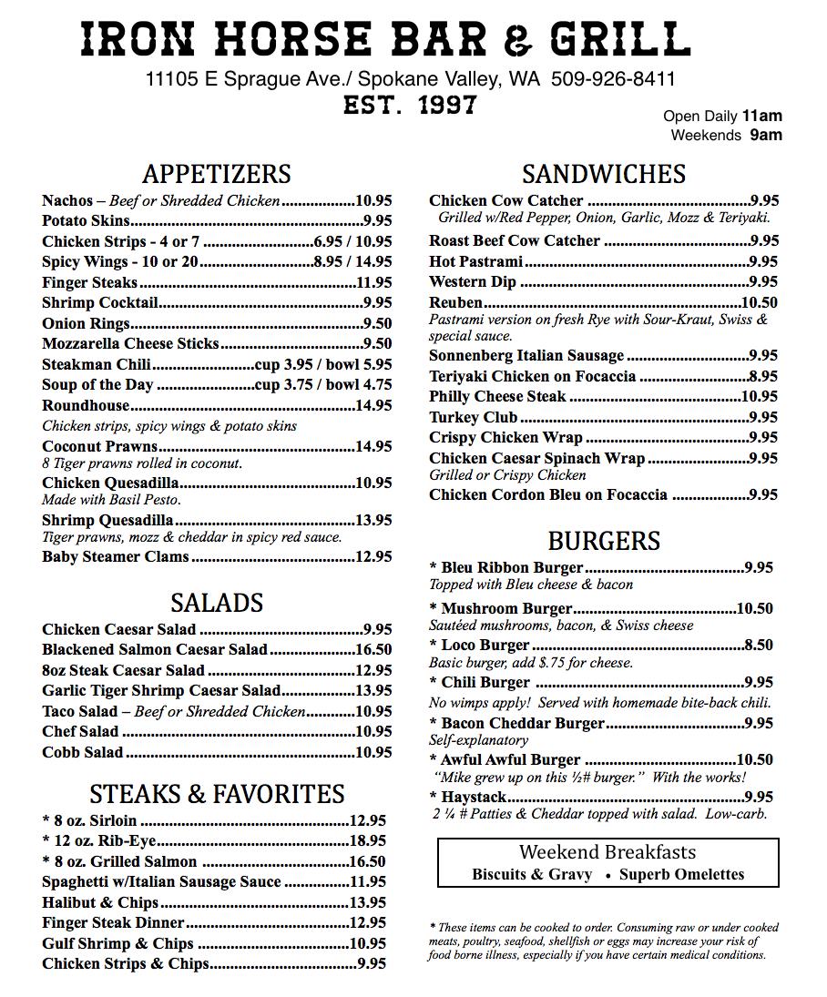 Menu at Iron Horse Bar & Grill, Spokane Valley