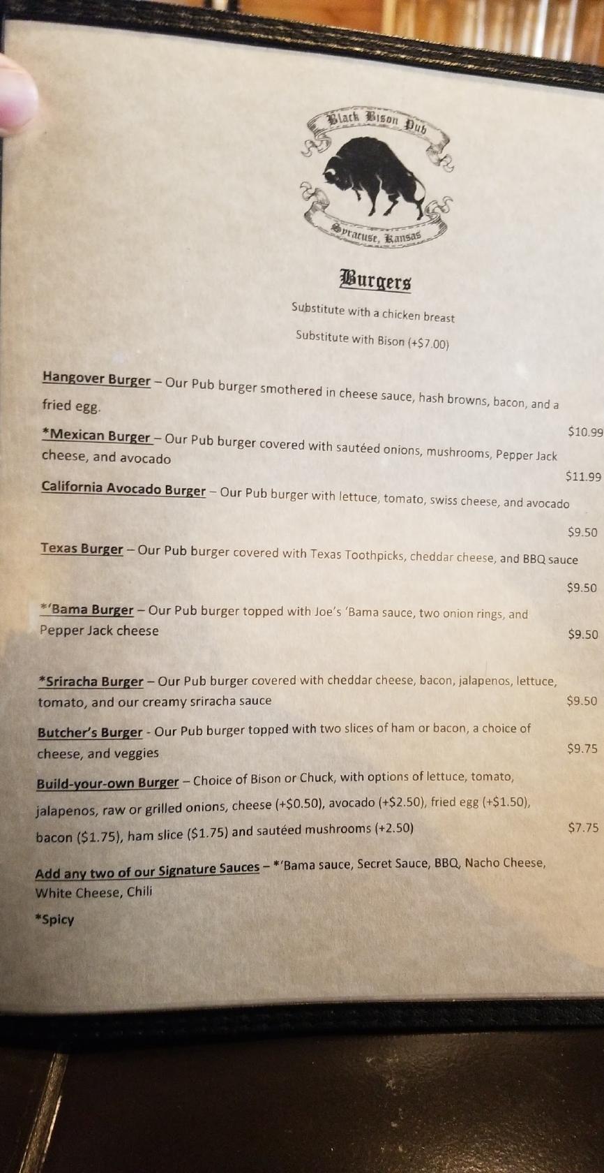 Menu at Black Bison Pub, Syracuse