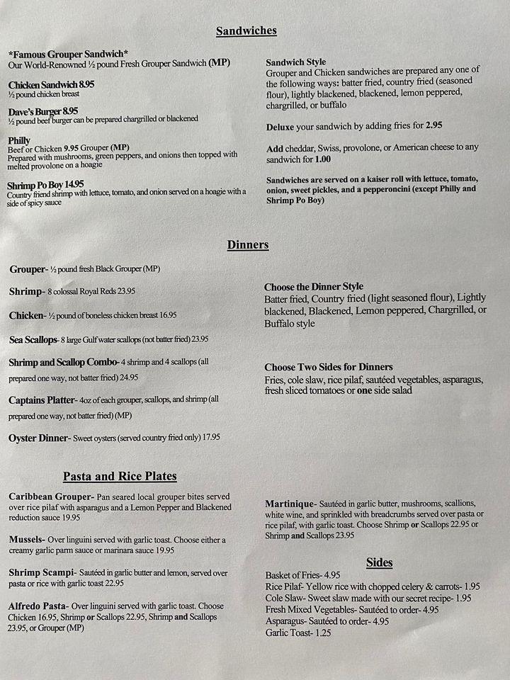 Menu at Dockside Dave's restaurant, Madeira Beach, 14701 Gulf Blvd