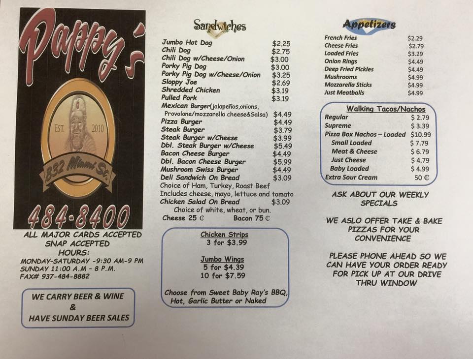 Menu at Pappys restaurant, Urbana