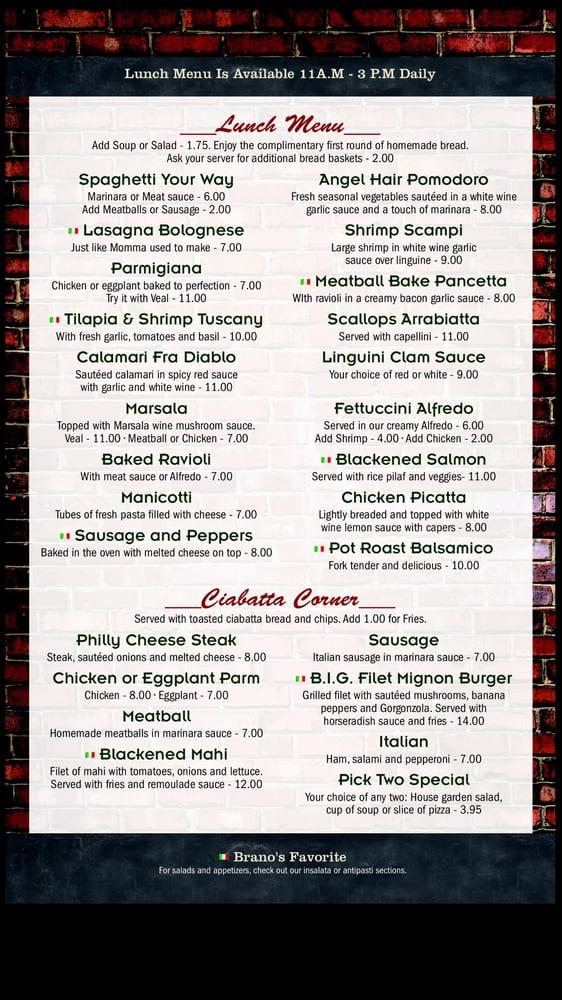 Menu at Branos Italian Grill pizzeria, Cocoa Beach