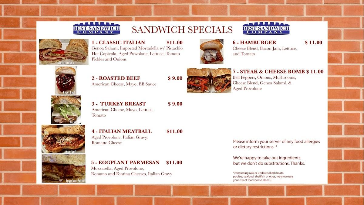 Menu at Best Sandwich Company pizzeria, Peabody