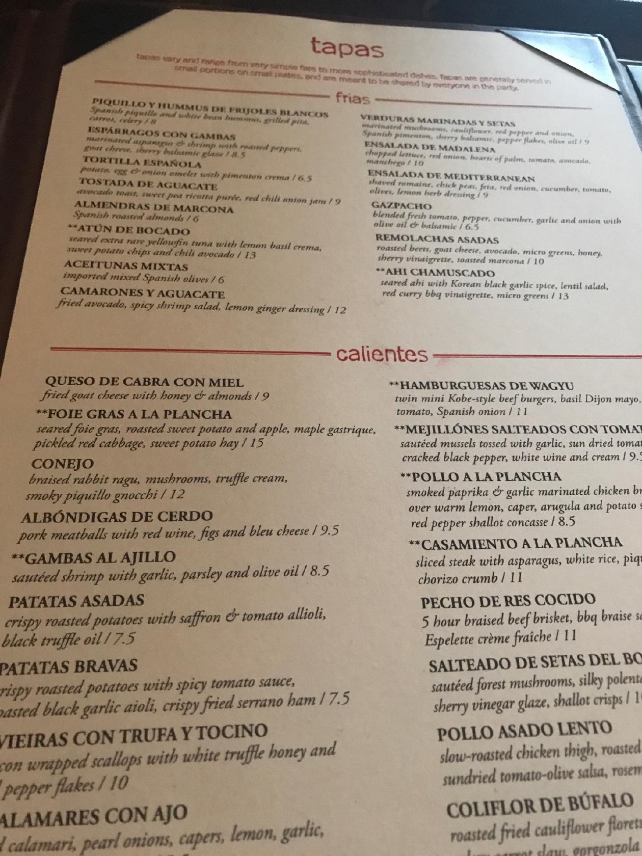 Menu at Bocado Tapas Wine Bar, Wellesley