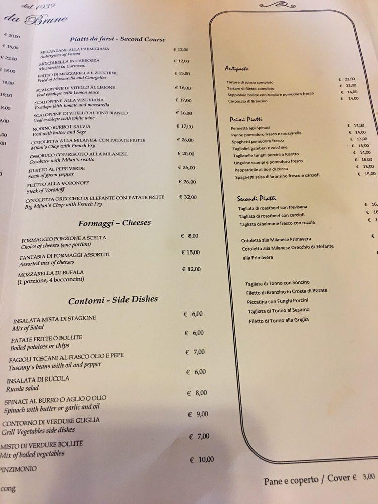 Menu Da Ristorante Da Bruno, Milano, Via Maurizio Gonzaga