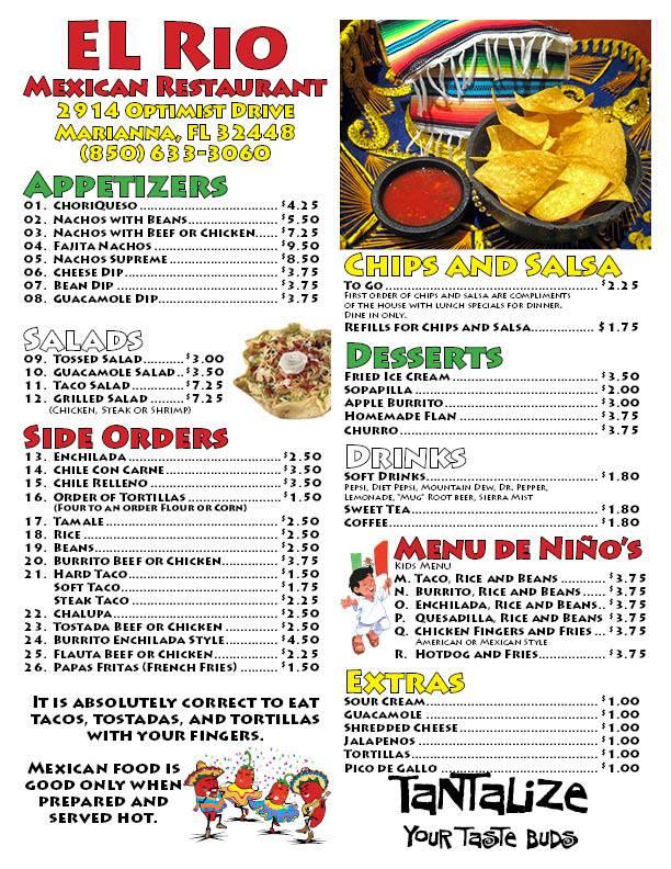 Menu at El Rio Mexican Restaurant’s, Marianna, Optimist Dr