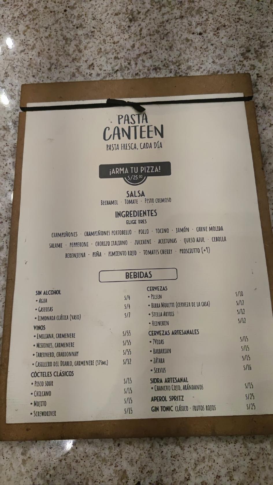 Menu at Pasta Canteen restaurant, Arequipa