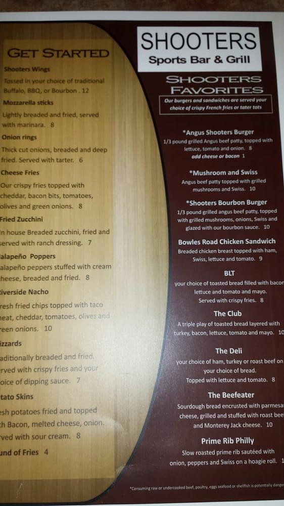 Carta de Shooters Sports Bar, Kennewick