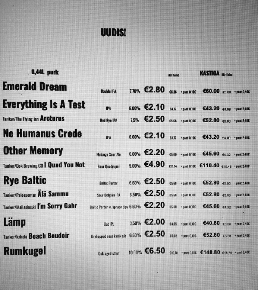 Menu at Tanker Brewery pub & bar, Estonia