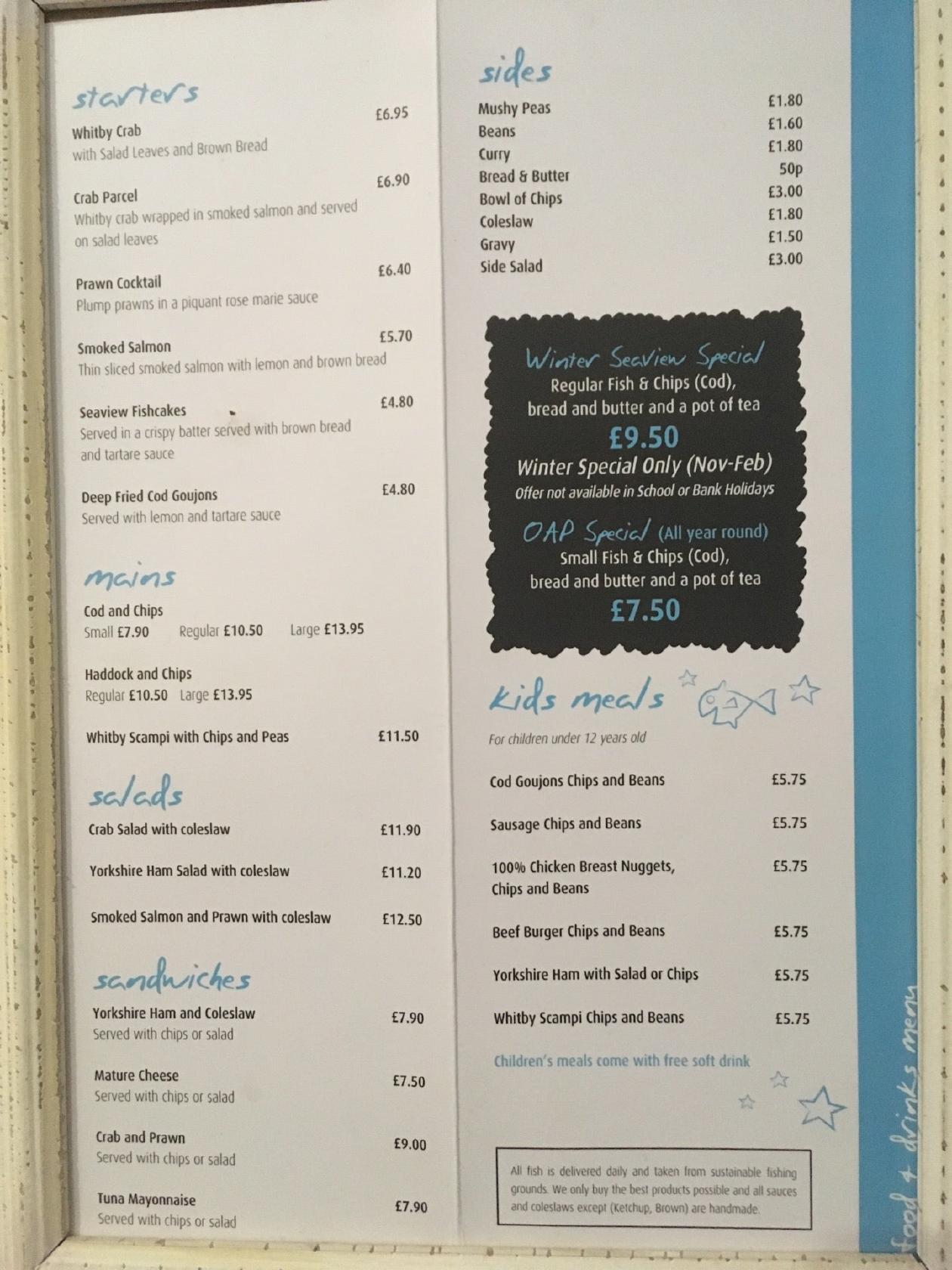 Menu at Seaview Restaurant, Saltburn-by-the-Sea