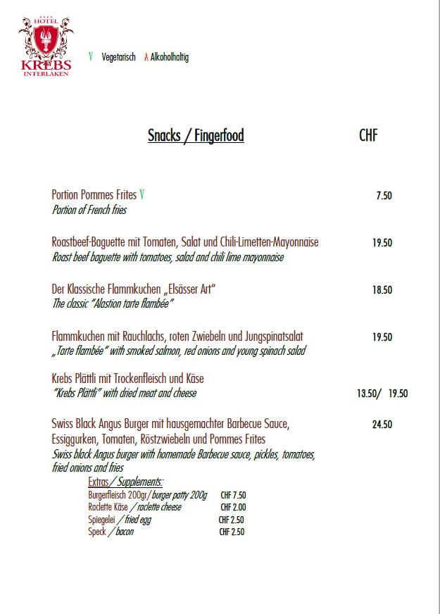 Menu at Hotel Krebs & Terrace Restaurants, Interlaken