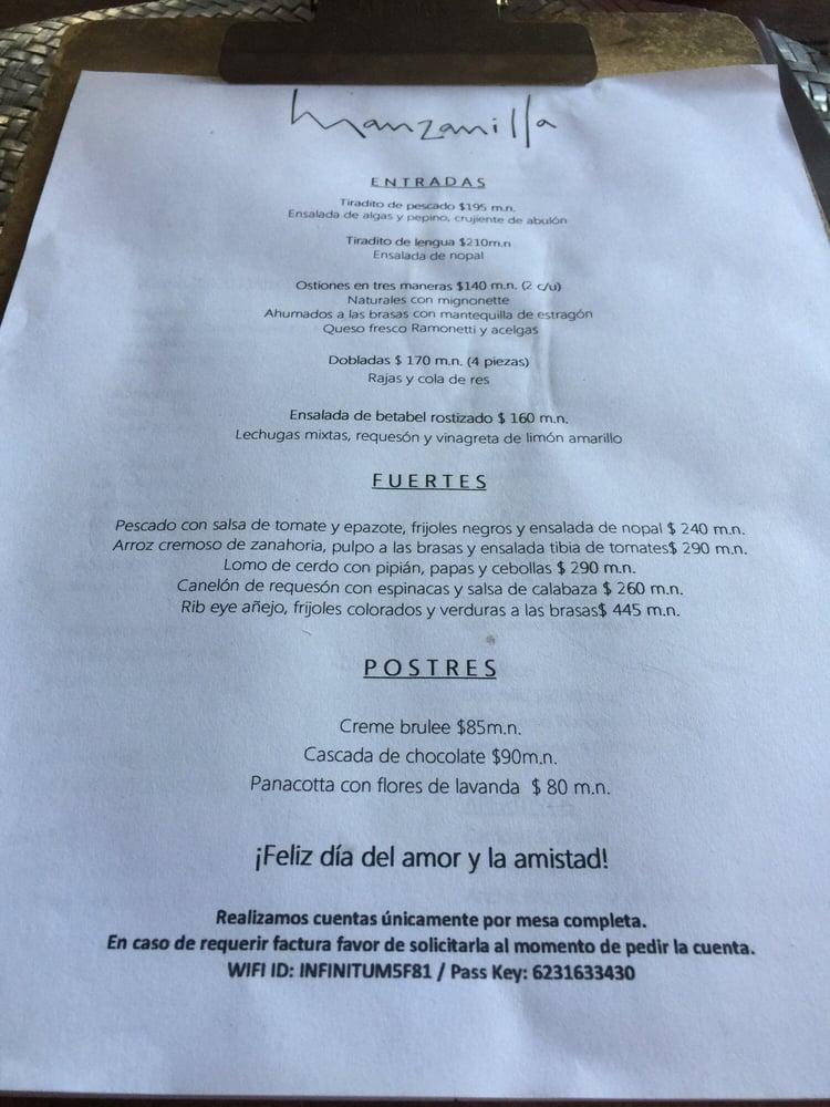 Carta del restaurante Manzanilla, Ensenada, Av. Teniente José Azueta 139