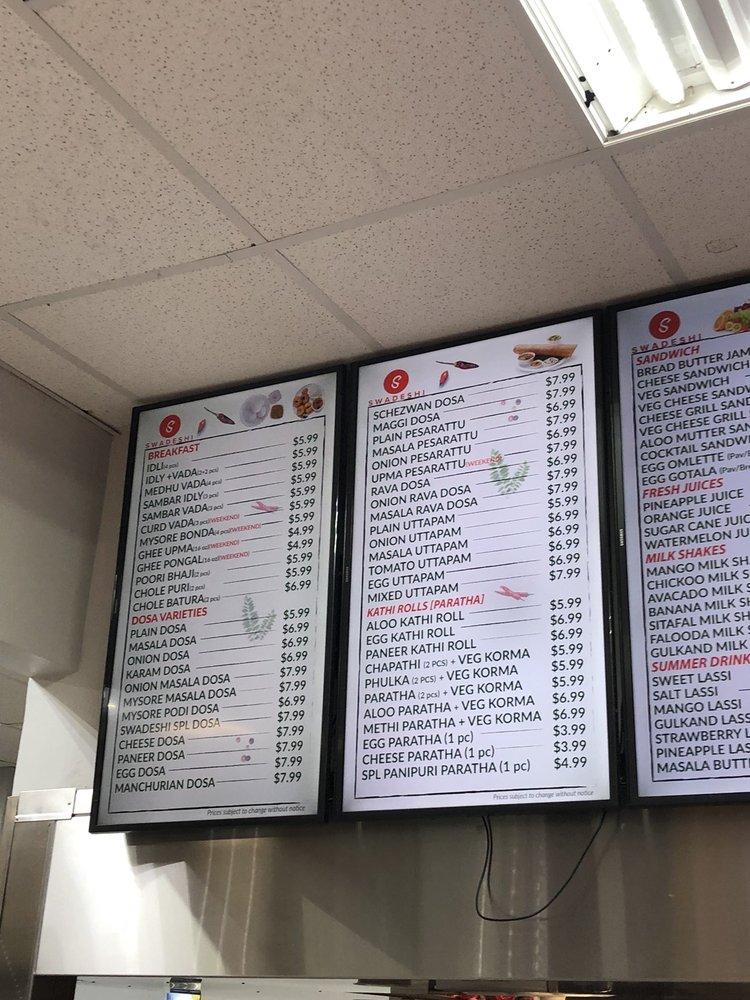 Menu at Swadeshi Plaza restaurant, Irving