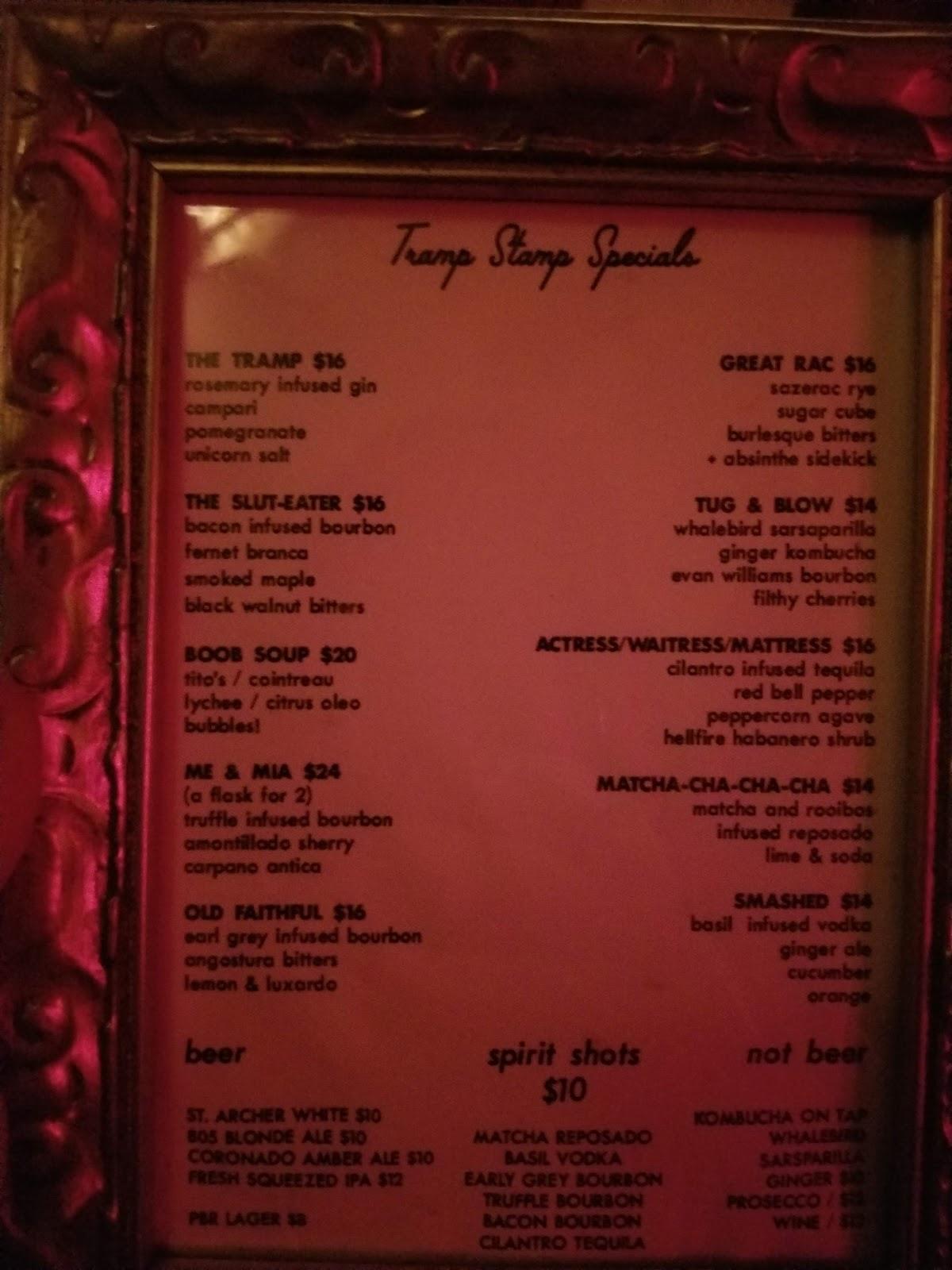 Menu at Tramp Stamp Granny's pub & bar, Los Angeles