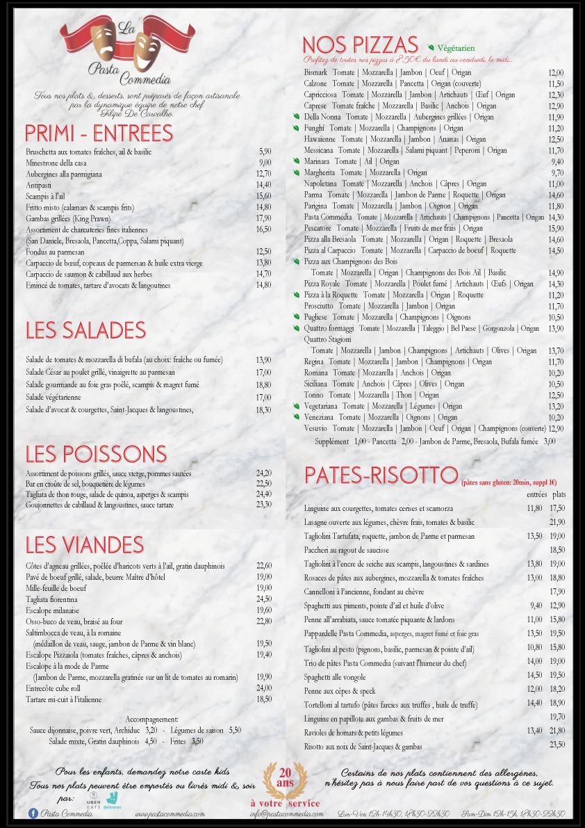 Menu at Pasta Commedia, Uccle, Av. Jean et Pierre Carsoel 3