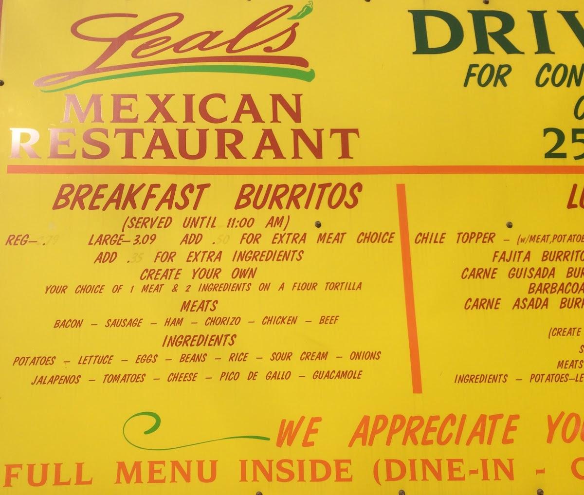 Menu at Leal's Mexican Restaurant, Woodway, Panther Dr
