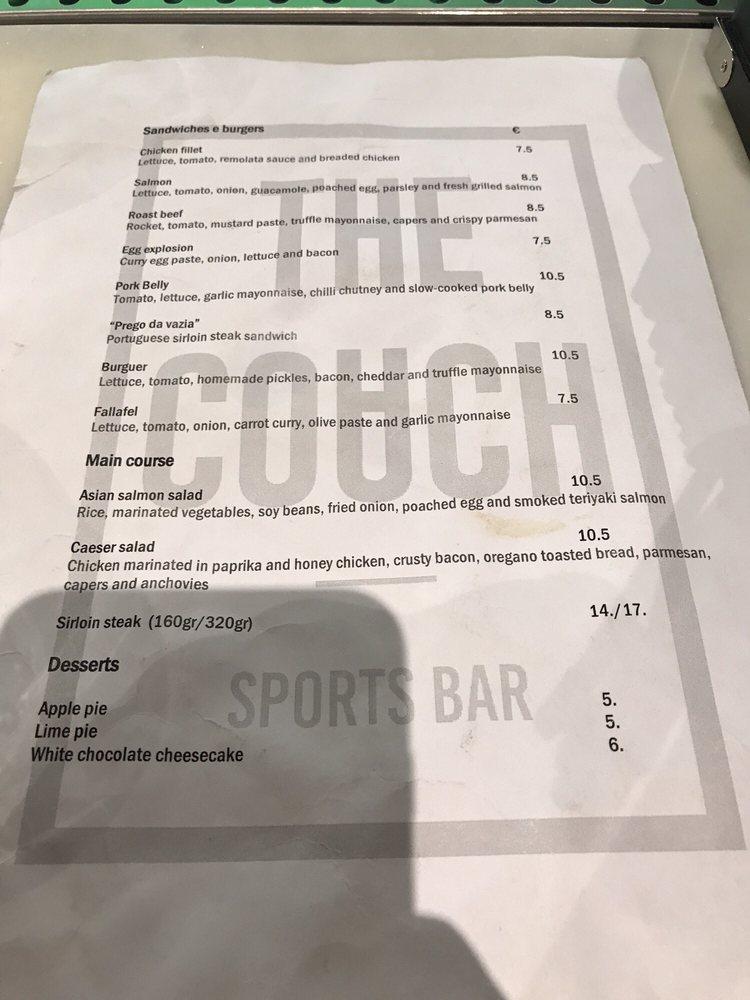 Menu em The Couch Sports Bar, Lisboa