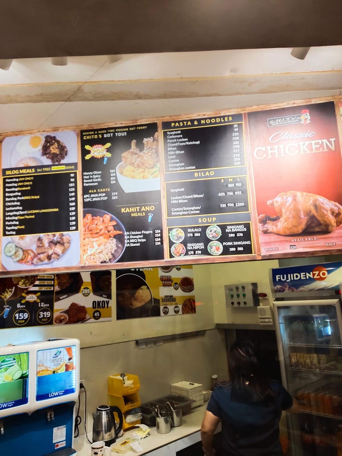 Menu at Chito's Lucena restaurant, Lucena