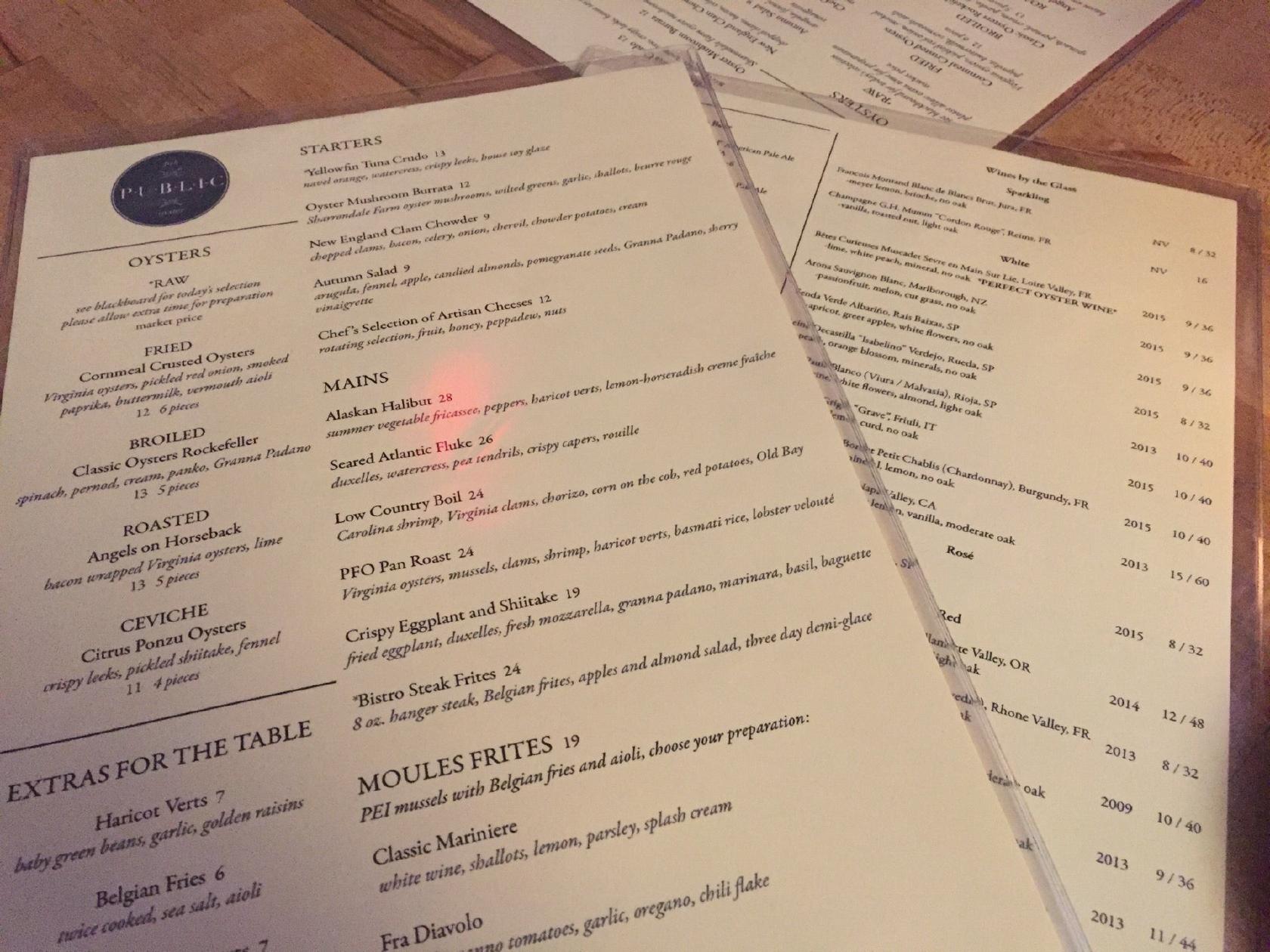 Menu at Public Fish & Oyster, Charlottesville