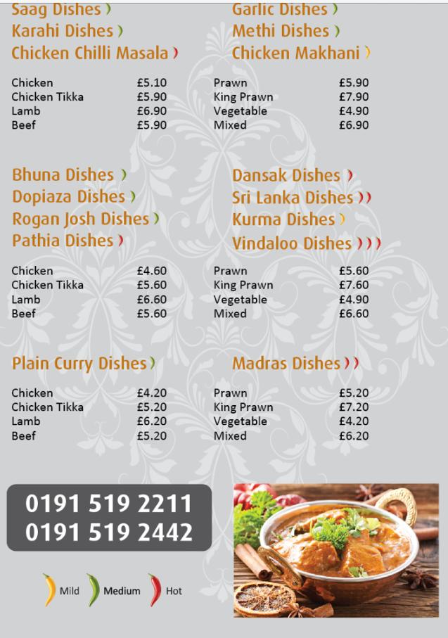 Menu at Taj Balti Hut fast food, Boldon Colliery
