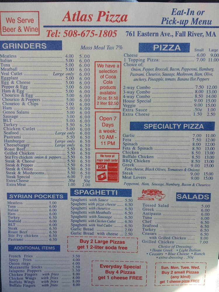 Menu at Atlas Pizza pizzeria, Fall River